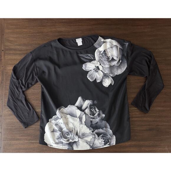 Chico's Shirt Womens Medium Black Gray Floral Print Long Sleeve Stretch Roses - Picture 1 of 8